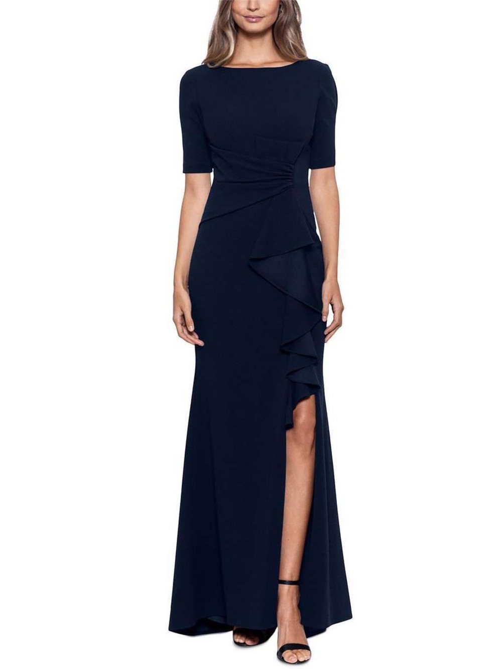 Betsy & Adam Navy Ruffle-Slit Evening Gown